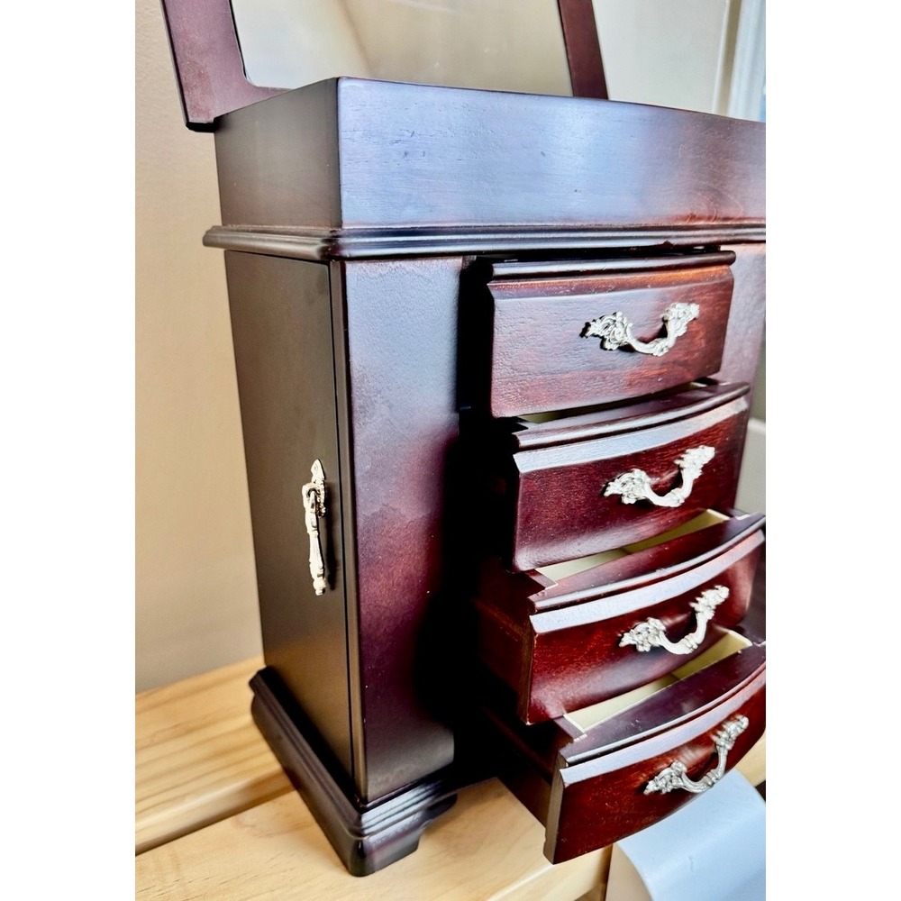 Vintage Mahogany Wood Jewelry Armoire Box Tabletop Dresser Chest Side Doors - Picture 6 of 8